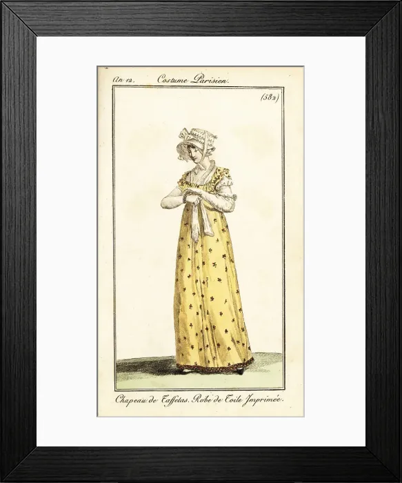 Framed Print : Fashionable woman in taffeta bonnet and printed toile dress Framed Print : Fashionable woman in taffeta bonnet and printed toile dress