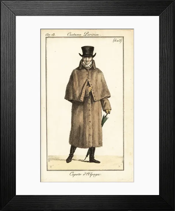 Framed Print : French dandy in alpaca fleece carrick coat, Paris, 1804