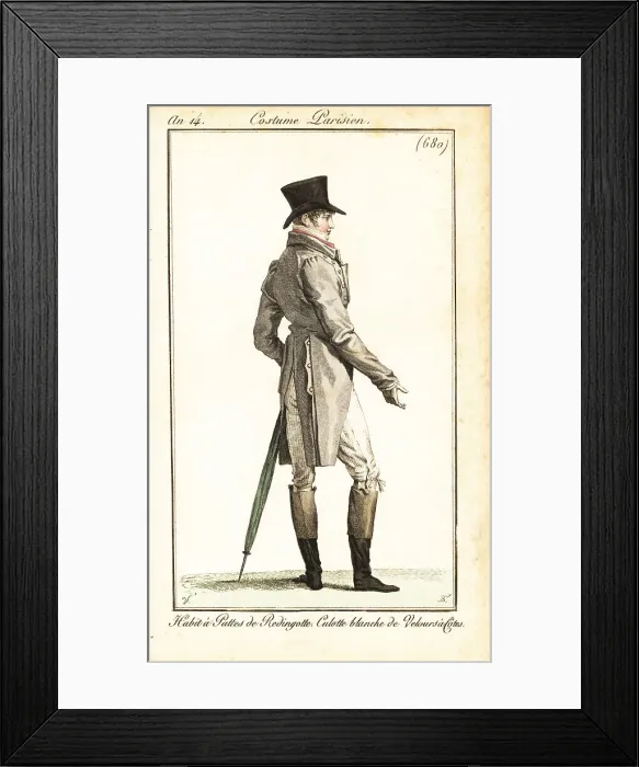 Framed Print : Dandy in top hat, frock coat, striped breeches, Paris, 1805 Framed Print : Dandy in top hat, frock coat, striped breeches, Paris, 1805