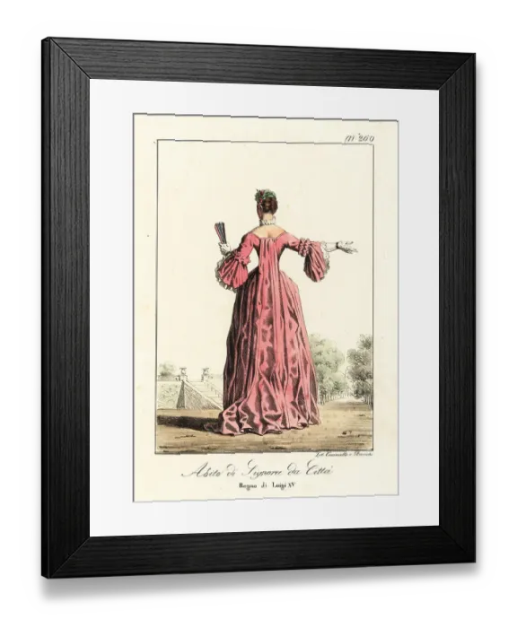 Framed Print : Rear view of a French woman in mid-18th century town costume Framed Print : Rear view of a French woman in mid-18th century town costume