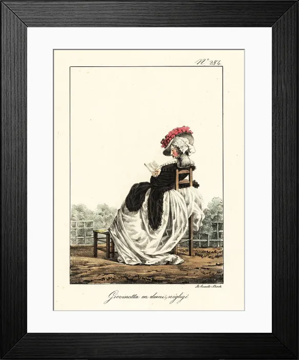 Framed Print : Fashionable woman in casual outfit reading an almanack, French R Framed Print : Fashionable woman in casual outfit reading an almanack, French R