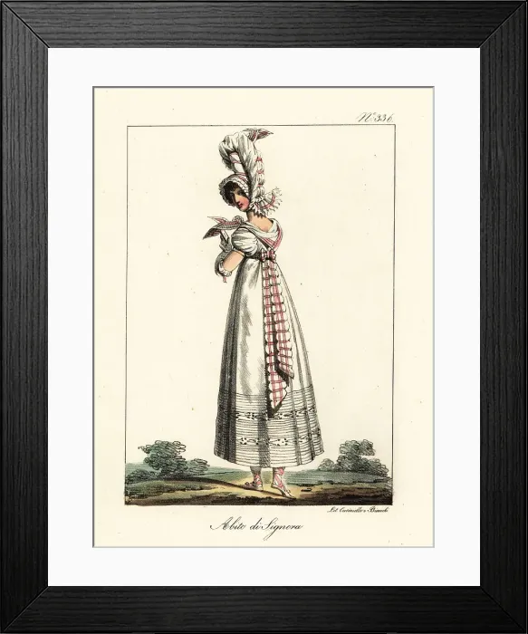 Framed Print : Fashionable French woman in elaborately folded hat, 1814 Framed Print : Fashionable French woman in elaborately folded hat, 1814