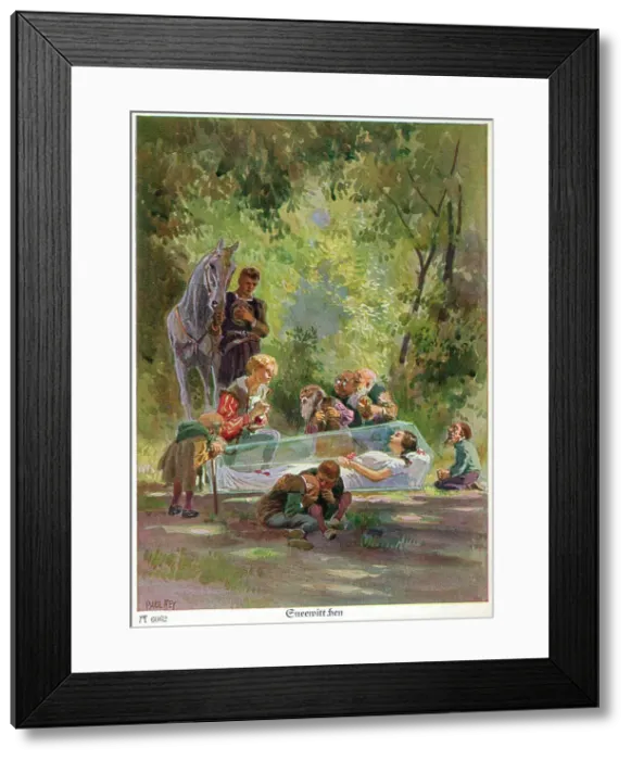 Framed Print : Riding through the forest, the Prince comes across the seven dwarfs mourning Schneewittchen (Snow-White) who is sleeping in a magically-induced coma inside a glass casket Framed Print : Riding through the forest, the Prince comes across the seven dwarfs mourning Schneewittchen (Snow-White) who is sleeping in a magically-induced coma inside a glass casket