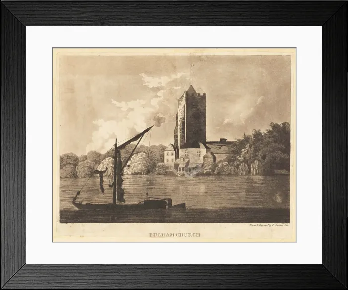 Framed Print : View of Fulham Church from the River Thames, late 18th century Framed Print : View of Fulham Church from the River Thames, late 18th century