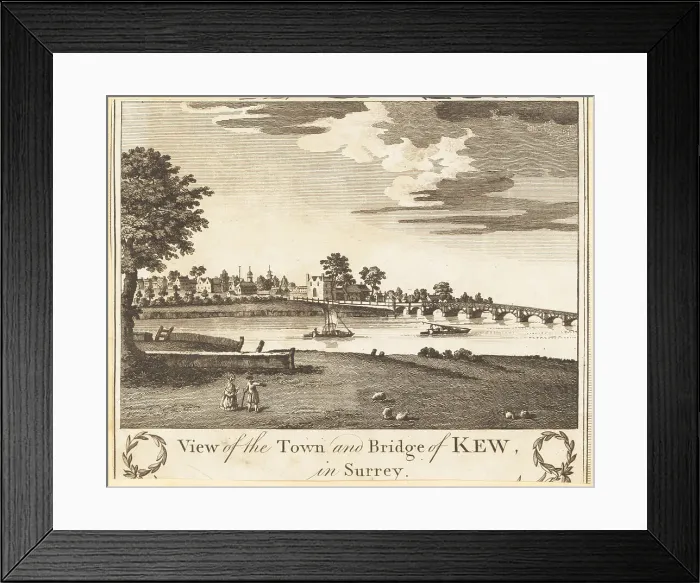 Framed Print : View of the original Kew Bridge, and Kew town, mid-18th century Framed Print : View of the original Kew Bridge, and Kew town, mid-18th century