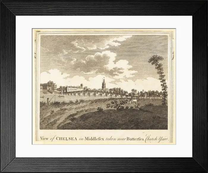 Framed Print : View of Battersea Bridge, Chelsea Old Church, 1784 Framed Print : View of Battersea Bridge, Chelsea Old Church, 1784