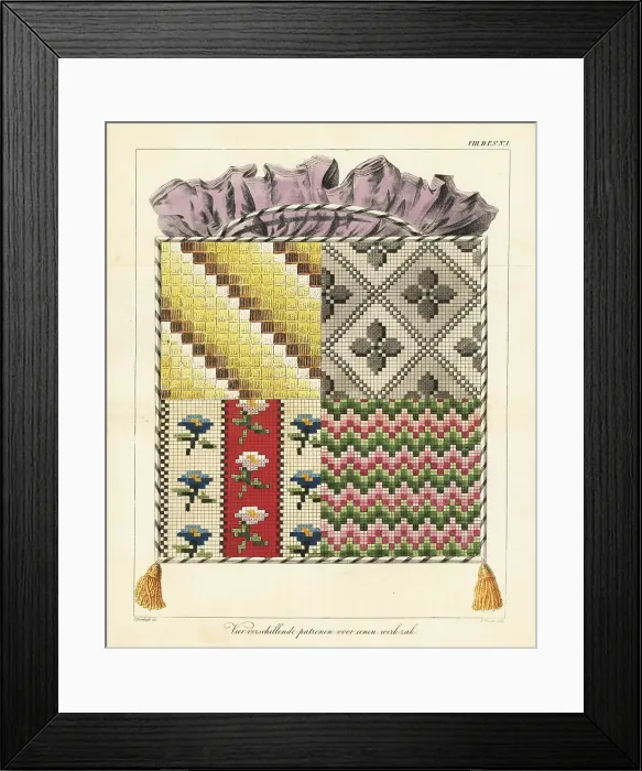 Framed Print : Four embroidery sampler patterns for a work basket, with frill a Framed Print : Four embroidery sampler patterns for a work basket, with frill a