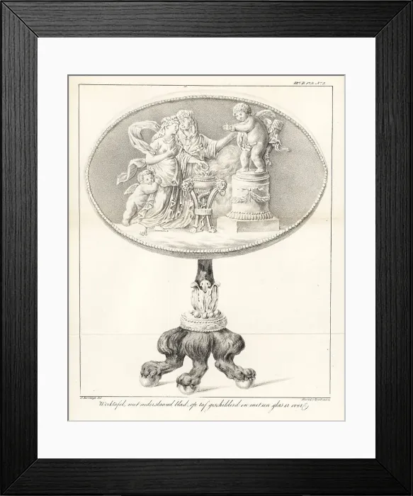 Framed Print : Elaborate work table with folding leaf, painted top and glass co Framed Print : Elaborate work table with folding leaf, painted top and glass co