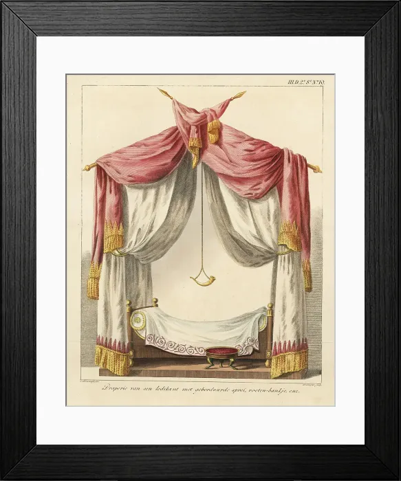 Framed Print : Four-poster bed with embroidered bedspread, fringed canopy and d Framed Print : Four-poster bed with embroidered bedspread, fringed canopy and d