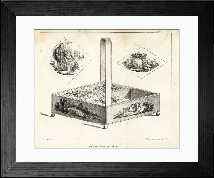 Framed Print : Needlework box with handle and four compartments and decorated l Framed Print : Needlework box with handle and four compartments and decorated l