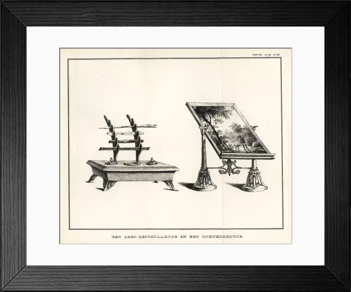 Framed Print : Reading lectern with landscape and ink stand with inkwell with q Framed Print : Reading lectern with landscape and ink stand with inkwell with q