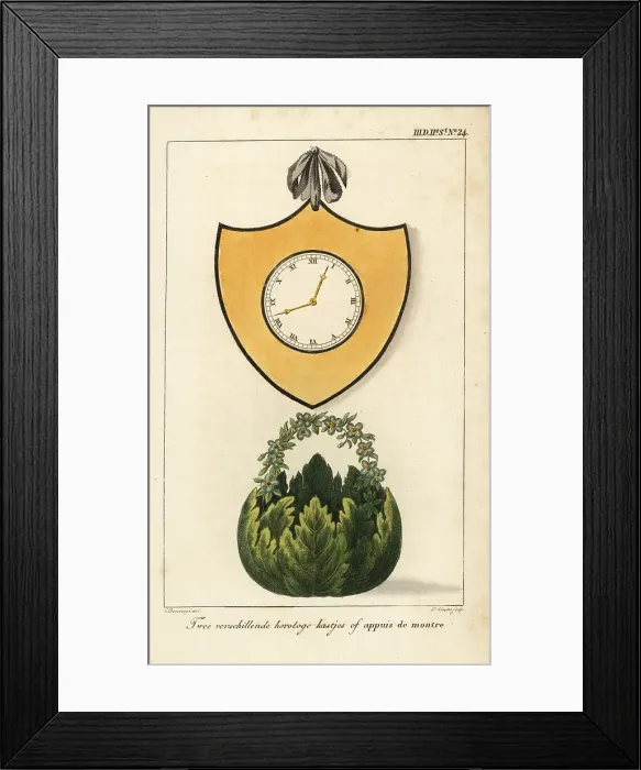 Framed Print : Two different clock mounts: a clock mounted in a shield and a ba