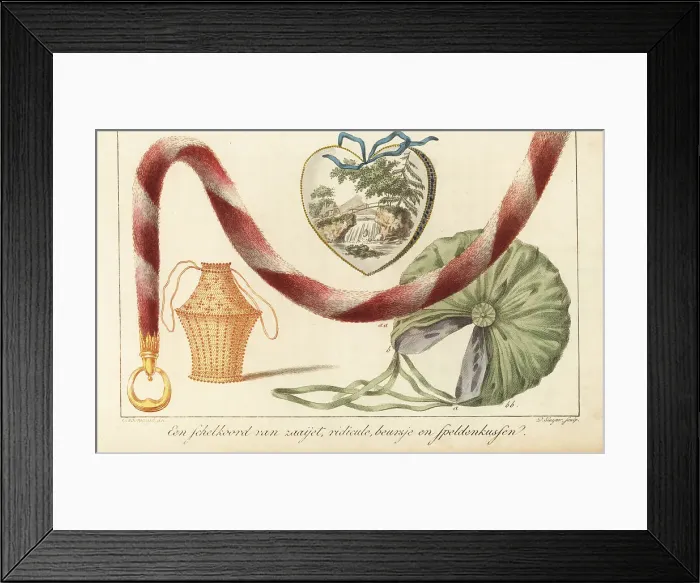Framed Print : A fabric chain, wicker purse, embroidered ridicule and pincushio Framed Print : A fabric chain, wicker purse, embroidered ridicule and pincushio