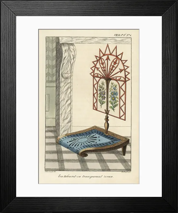 Framed Print : A low stool with transparent screen decorated with embroidered f Framed Print : A low stool with transparent screen decorated with embroidered f