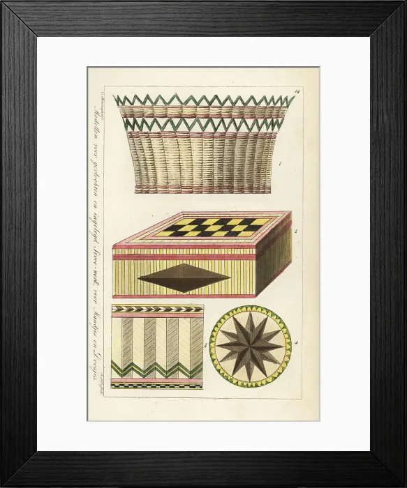 Framed Print : Patterns for basket, box and mat in woven straw Framed Print : Patterns for basket, box and mat in woven straw