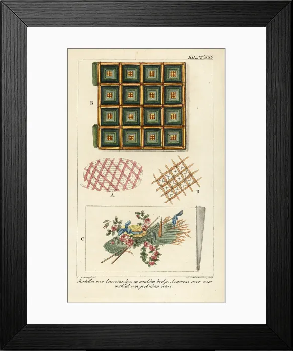 Framed Print : Patterns for letters and needle booklets, and a work bag in embr Framed Print : Patterns for letters and needle booklets, and a work bag in embr
