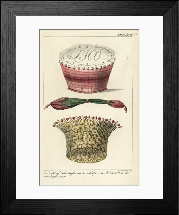 Framed Print : A pincushion, basket made of melon seeds, and a long purse Framed Print : A pincushion, basket made of melon seeds, and a long purse