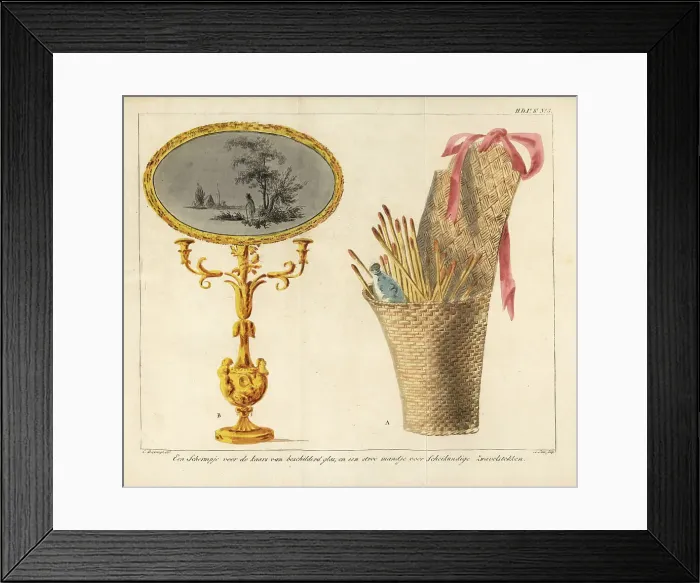 Framed Print : Examples of candlestick with embroidered screen and straw basket Framed Print : Examples of candlestick with embroidered screen and straw basket