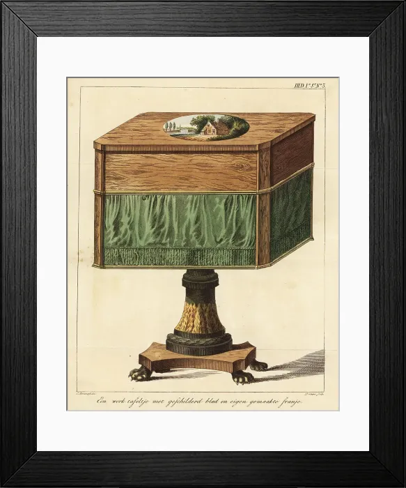 Framed Print : Wooden work table with painted top and homemade fringe Framed Print : Wooden work table with painted top and homemade fringe