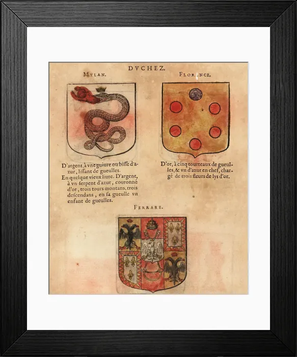 Framed Print : Coat of arms of the Duchies of Milan, Florence and Ferrara Framed Print : Coat of arms of the Duchies of Milan, Florence and Ferrara