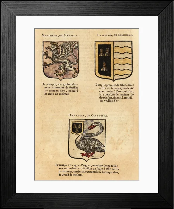 Framed Print : Coats of arms of Queens of the Amazons, Marpesia, Lampetho and O Framed Print : Coats of arms of Queens of the Amazons, Marpesia, Lampetho and O