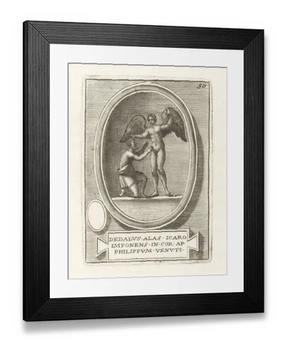 Framed Print : Daedalus fixing wings on his son Icarus Framed Print : Daedalus fixing wings on his son Icarus