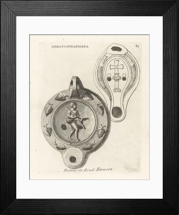 Framed Print : Etruscan Christian clay lantern decorated with a fisherman Framed Print : Etruscan Christian clay lantern decorated with a fisherman