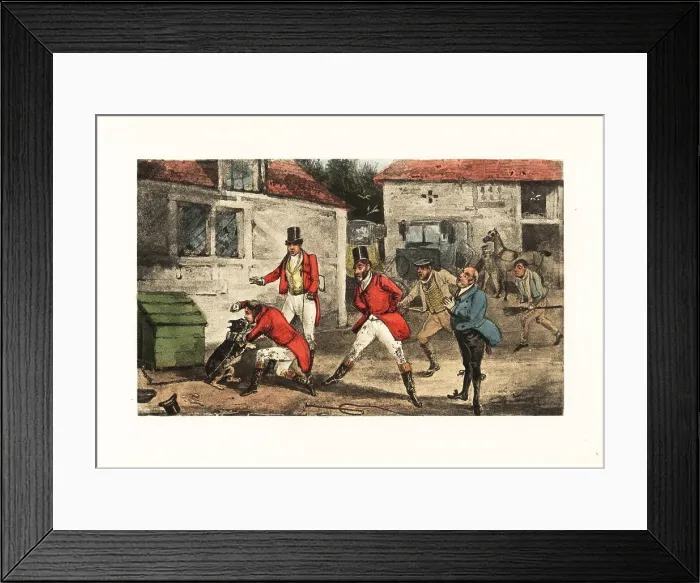 Framed Print : English gentleman biting a dog and beating it while chained in a Framed Print : English gentleman biting a dog and beating it while chained in a