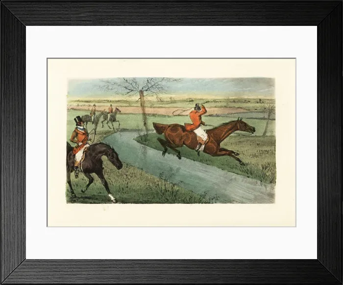 Framed Print : English gentleman jumping across a brook during a hunt Framed Print : English gentleman jumping across a brook during a hunt