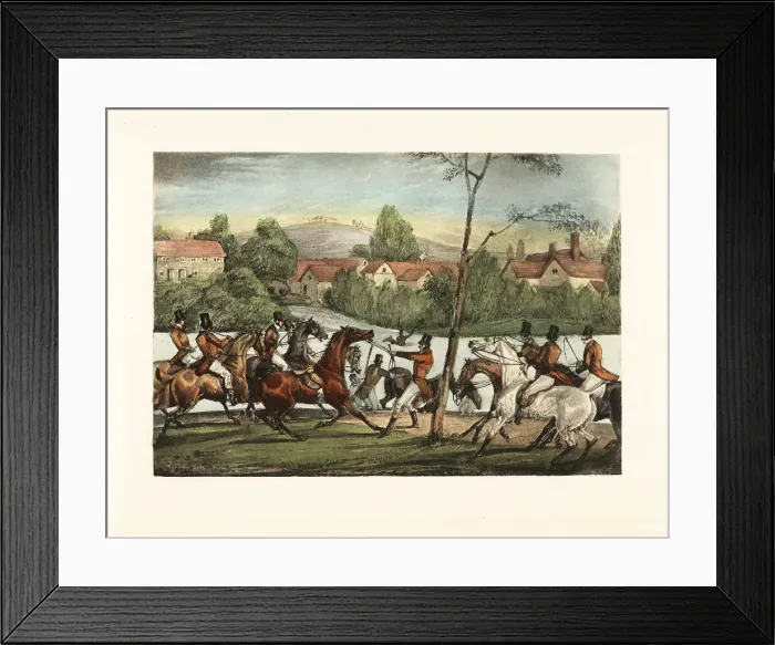 Framed Print : English gentleman rides his horse across a river during a fox hu Framed Print : English gentleman rides his horse across a river during a fox hu