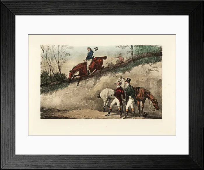 Framed Print : English gentleman on horseback making a jump from a steep embank Framed Print : English gentleman on horseback making a jump from a steep embank