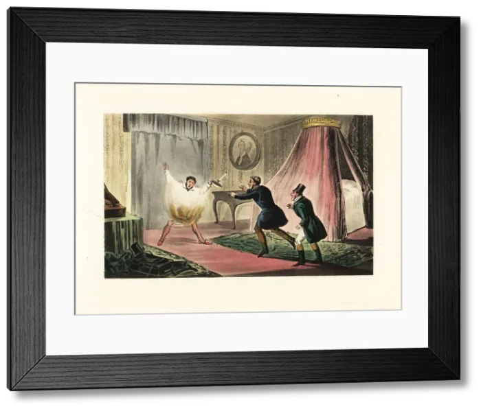 Framed Print : English gentleman lighting his nightshirt on fire with a candle Framed Print : English gentleman lighting his nightshirt on fire with a candle