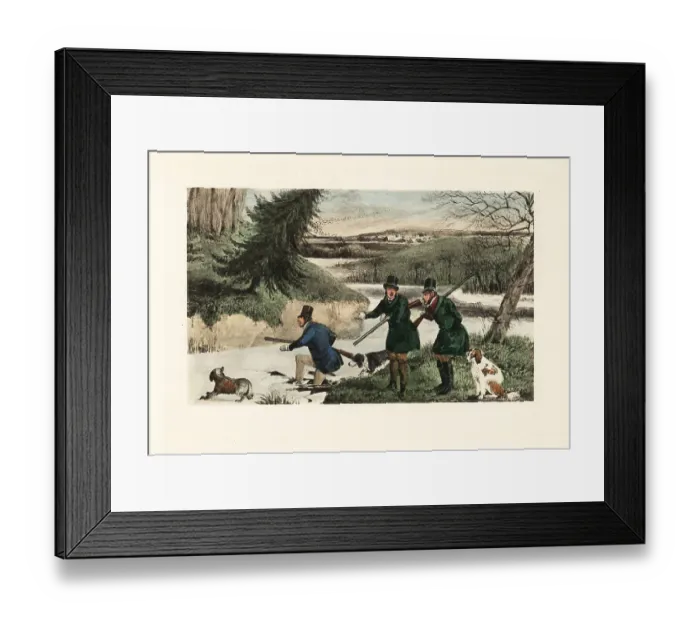 Framed Print : Victorian gentlemen hunting ducks with guns and dogs on a frozen