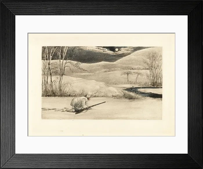 Framed Print : English gentleman crawling on a frozen riverbank to hunt ducks Framed Print : English gentleman crawling on a frozen riverbank to hunt ducks