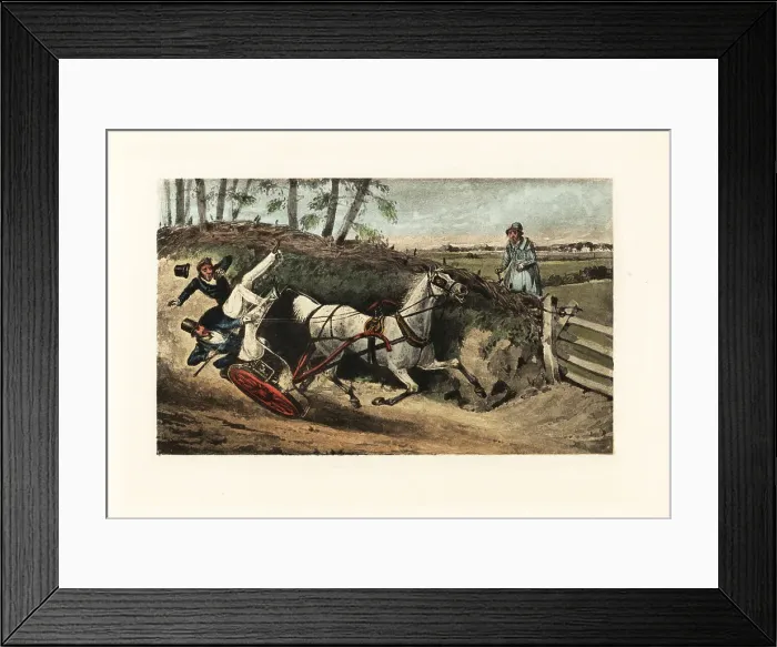 Framed Print : Victorian English gentlemen thrown from a one-horse gig on a cou Framed Print : Victorian English gentlemen thrown from a one-horse gig on a cou