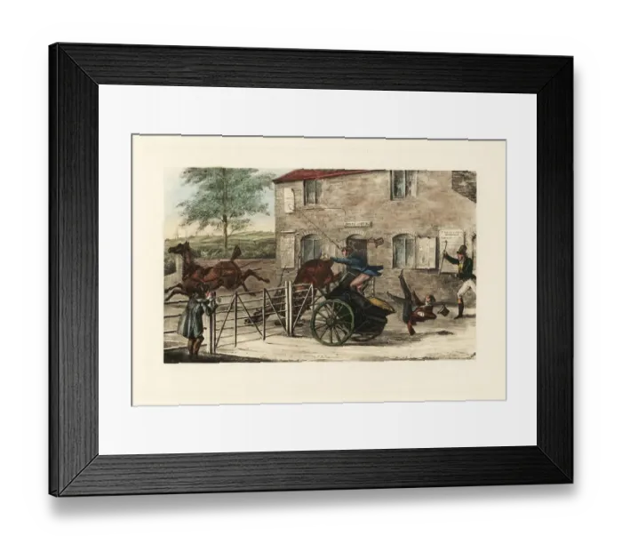 Framed Print : English gentlemen in a two-horse gig trying to jump a toll gate Framed Print : English gentlemen in a two-horse gig trying to jump a toll gate