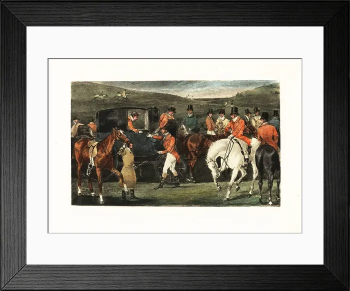 Framed Print : Victorian gentlemen on horseback gathering for a stag hunt Framed Print : Victorian gentlemen on horseback gathering for a stag hunt