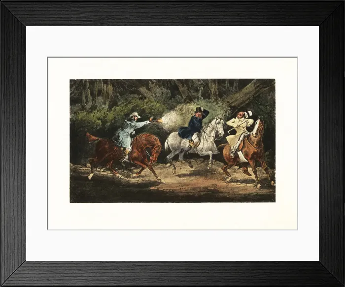 Framed Print : Victorian gentlemen held up by a highwayman in a smock coat Framed Print : Victorian gentlemen held up by a highwayman in a smock coat
