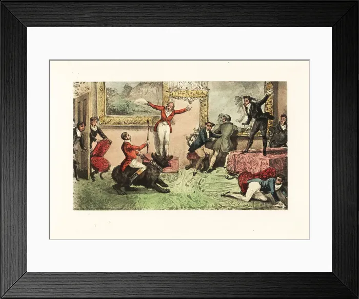 Framed Print : Drunken English gentleman rides a bear into a drawing room Framed Print : Drunken English gentleman rides a bear into a drawing room