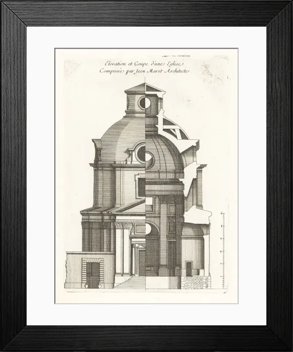 Framed Print : Elevation and section of a church designed by architect Jean Mar Framed Print : Elevation and section of a church designed by architect Jean Mar