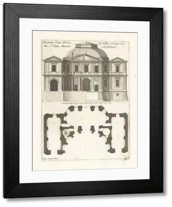 Framed Print : Elevation and plan for a town gate by architect Jean Marot Framed Print : Elevation and plan for a town gate by architect Jean Marot