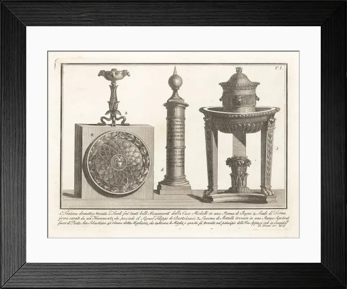 Framed Print : Roman fountain, shield, torch, and milestone Framed Print : Roman fountain, shield, torch, and milestone