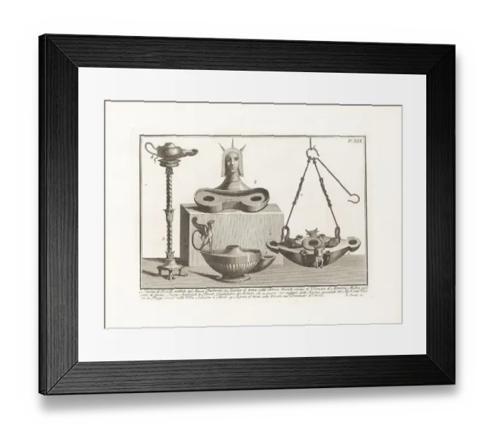 Framed Print : Roman and Etruscan lamps in metal and terracotta Framed Print : Roman and Etruscan lamps in metal and terracotta