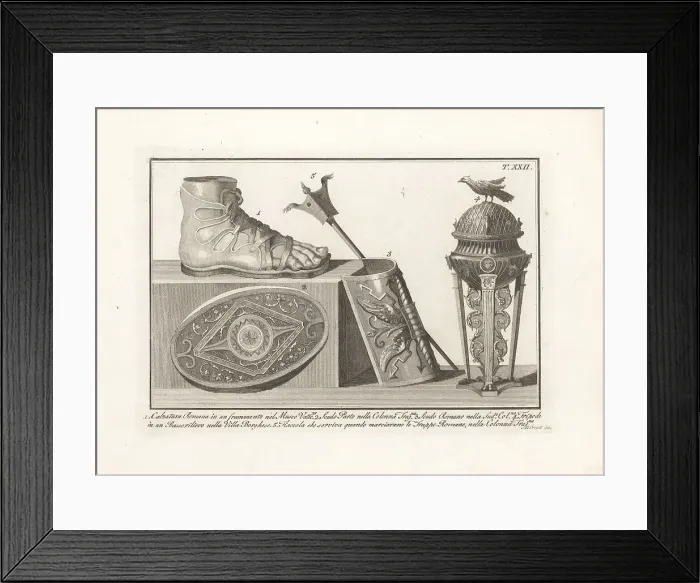 Framed Print : Roman sandal, shields, tripod and military torch Framed Print : Roman sandal, shields, tripod and military torch