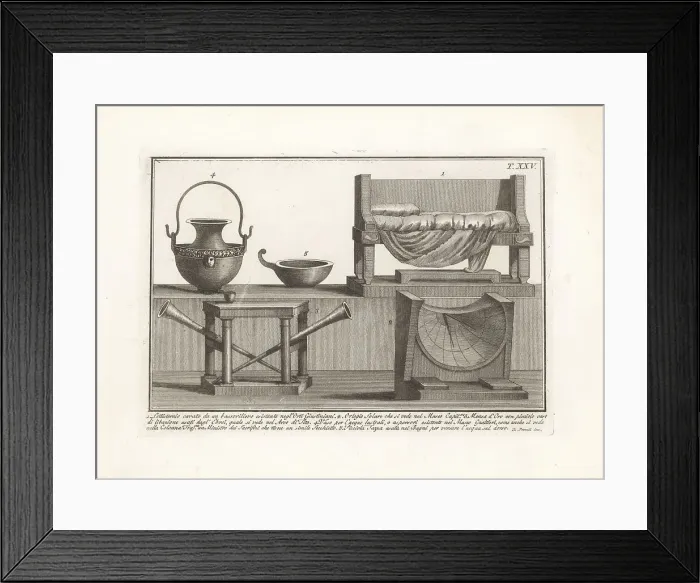 Framed Print : Roman couch, sun dial, table, jar, and bathing cup Framed Print : Roman couch, sun dial, table, jar, and bathing cup