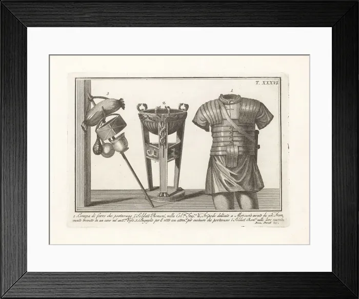 Framed Print : Roman iron breastplate, tripod and soldier's pack Framed Print : Roman iron breastplate, tripod and soldier's pack