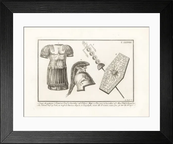 Framed Print : Roman armour, signum and scutum, Greek helmet Framed Print : Roman armour, signum and scutum, Greek helmet