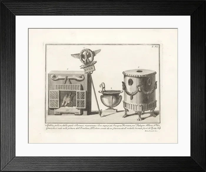 Framed Print : Roman augur's birdcage, standard, Greek vase and hearth Framed Print : Roman augur's birdcage, standard, Greek vase and hearth