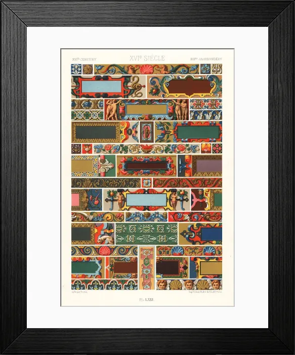 Framed Print : Cartouches on friezes, scrolls and ornamental nails, 16th centur Framed Print : Cartouches on friezes, scrolls and ornamental nails, 16th centur