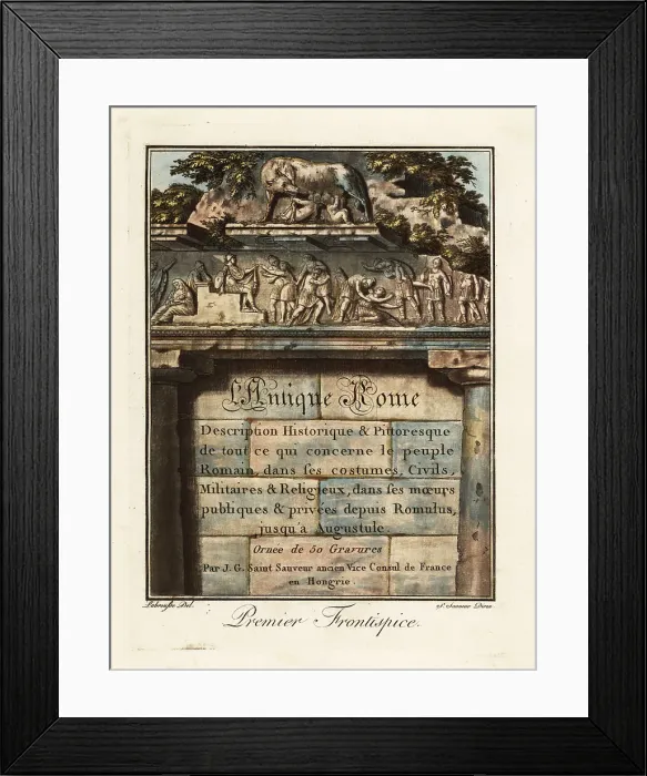 Framed Print : Calligraphic title page with bas-relief of Roman history Framed Print : Calligraphic title page with bas-relief of Roman history